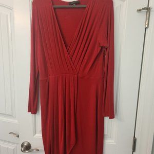 Long Sleeve Faux Wrap Red Dress